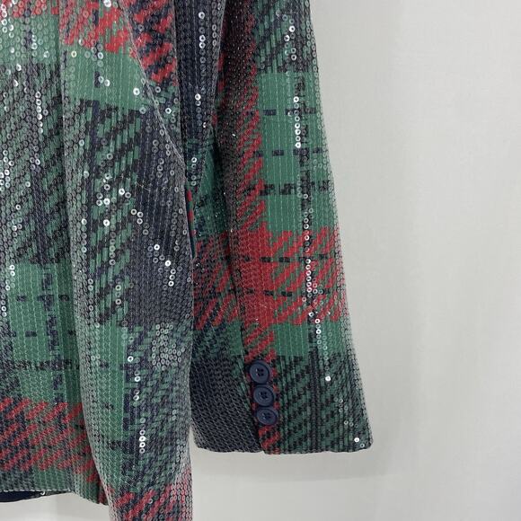 Johnny Wujek Size S Sequin Plaid Holiday Single Breasted Blazer One Button Red - Picture 9 of 11